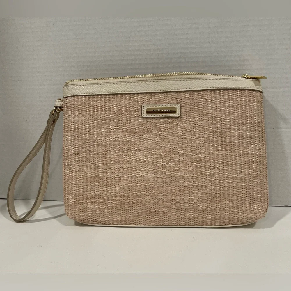 NWOT Nanette Lepore Beige and Cream Hand-Woven Straw Wristlet Clutch